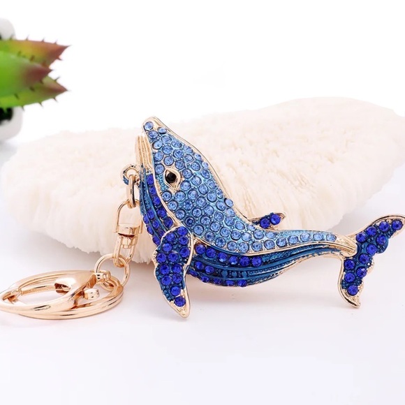Blue and Gold Crystal Whale Keychain Charm - Picture 1 of 16